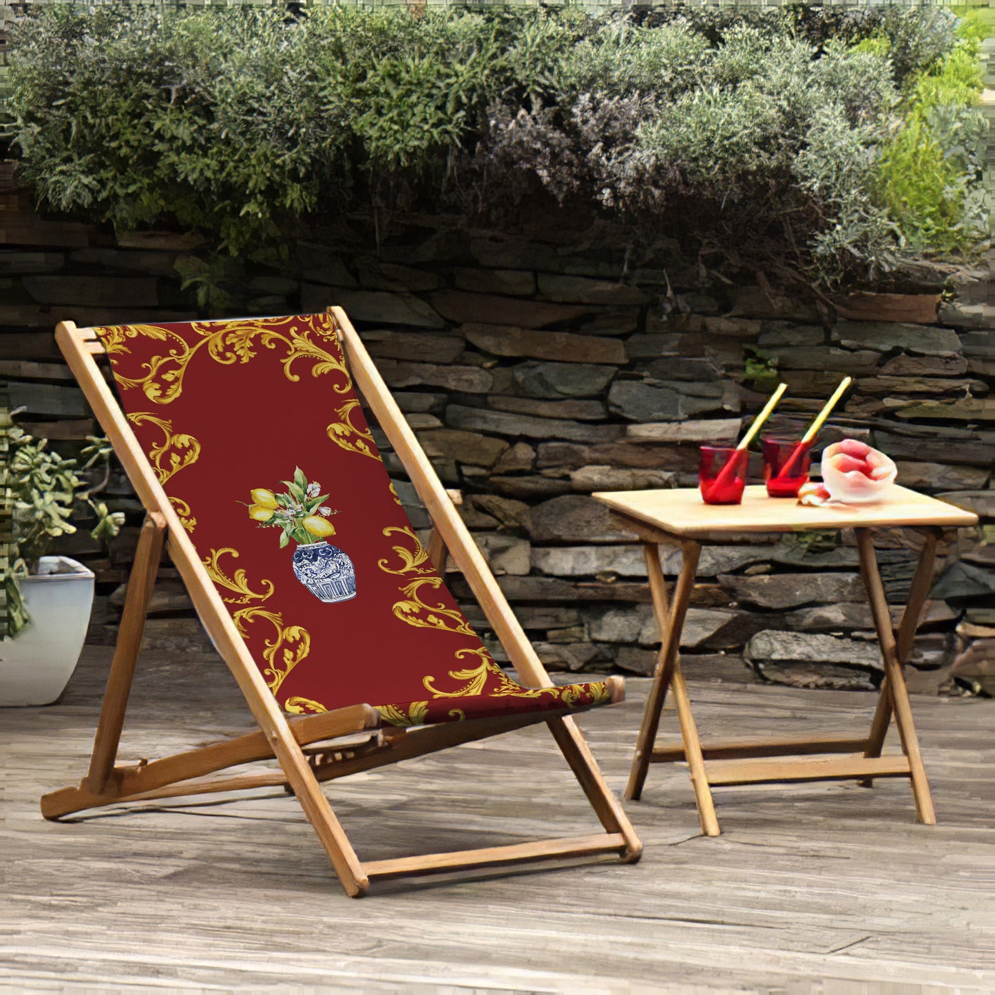 Deckchair, red fabric with gold accents