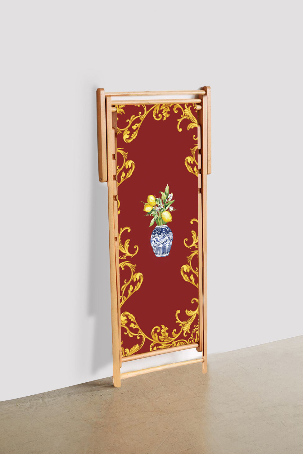 Deckchair, red fabric with gold accents