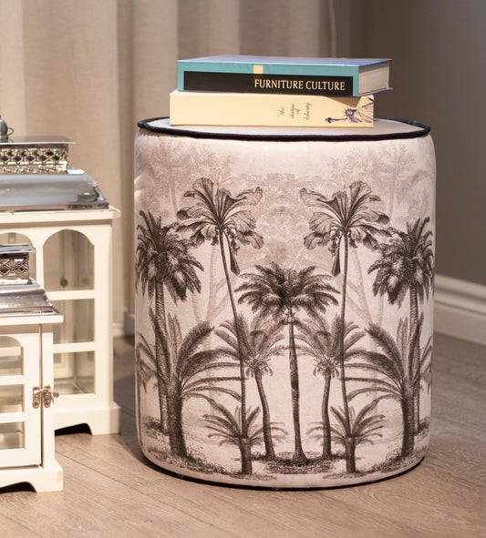 Round decorative pouf, palm tree motif