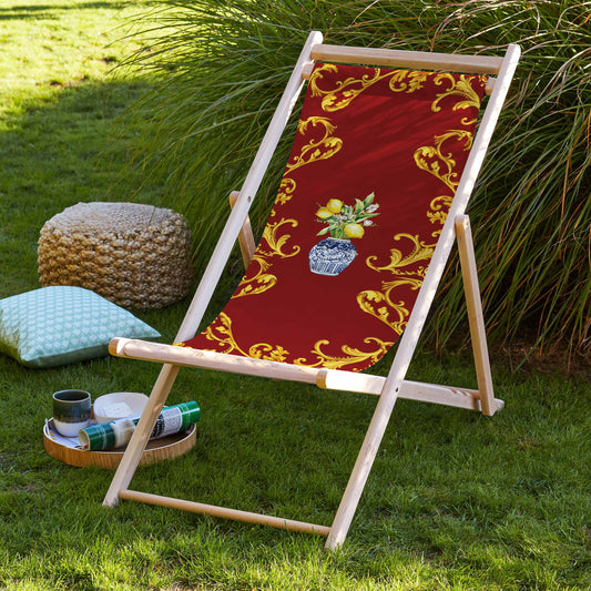 Deckchair, red fabric with gold accents
